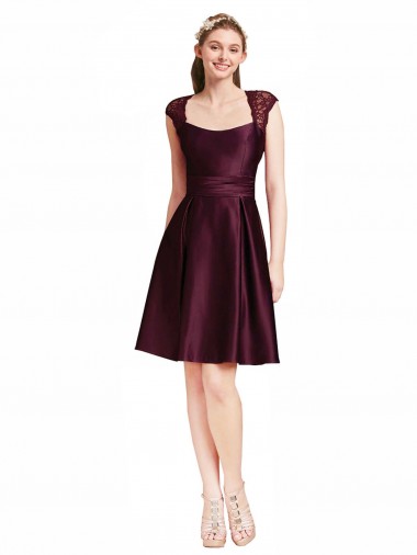Sleeveless Square Neck Satin & Lace Grape Knee Length Bridesmaid Dress London