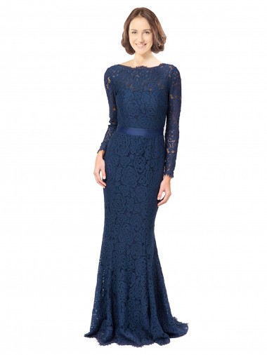 Long Sleeves Jewel Neck Lace Dark Navy Sweep Train Bridesmaid Dress London