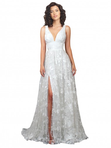 Sleeveless V-Neck Lace Off White Chapel Train Wedding Dress London