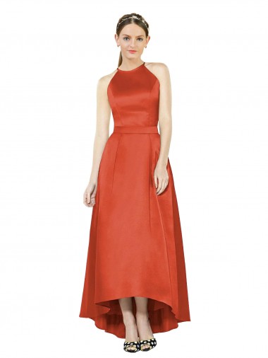 Sleeveless Halter Neck Satin Spice Red High Low Bridesmaid Dress London