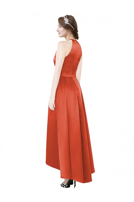 Sleeveless Halter Neck Satin Spice Red High Low Bridesmaid Dress London