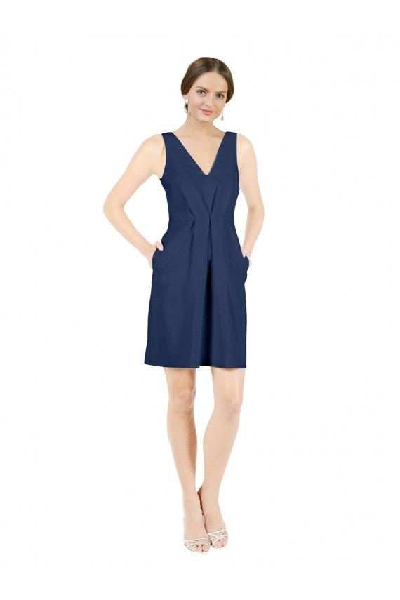 Sleeveless V-Neck Satin Dark Navy Knee Length Evening Gown / Bridesmaid Dress London