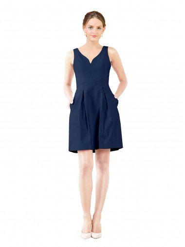Sleeveless V-Neck Satin Dark Navy Knee Length Bridesmaid Gown London