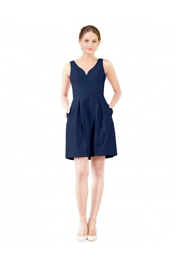Sleeveless V-Neck Satin Dark Navy Knee Length Bridesmaid Gown London