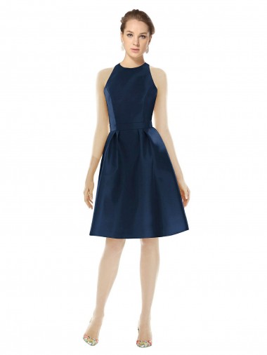 Sleeveless Halter Neck Satin Dark Navy Cocktail Length Bridesmaid Dress London