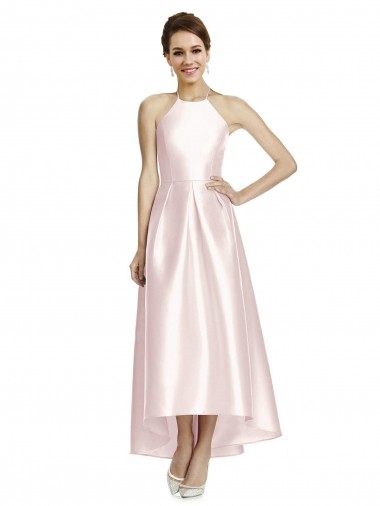 Sleeveless Halter Neck Satin Pink Long High Low Bridesmaid Dress London