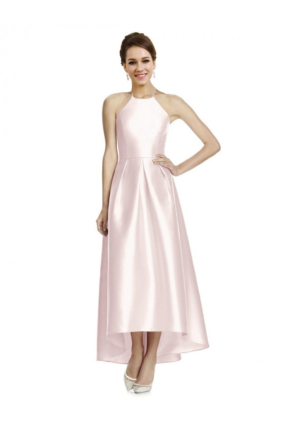 Sleeveless Halter Neck Satin Pink Long High Low Bridesmaid Dress London