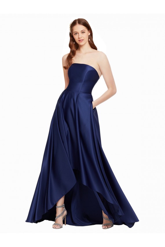 Sleeveless Strapless Satin Dark Navy Long High Low Evening Gown / Prom Dress / Bridesmaid Dress London