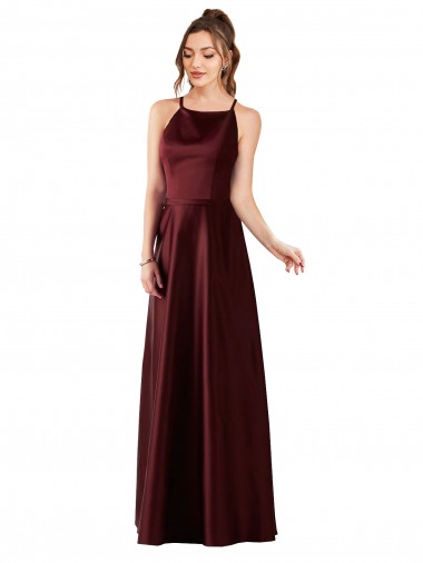 Sleeveless Halter Neck Satin Burgundy Gold Long Prom Dress / Bridesmaid Dress London