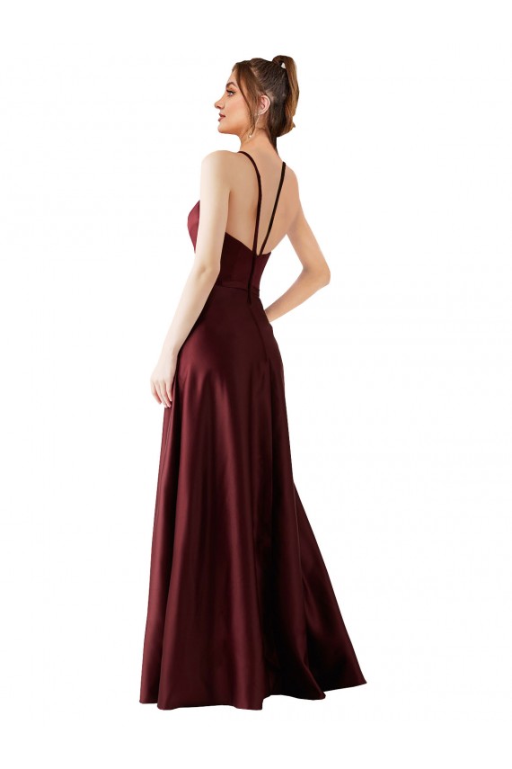 Sleeveless Halter Neck Satin Burgundy Gold Long Prom Dress / Bridesmaid Dress London