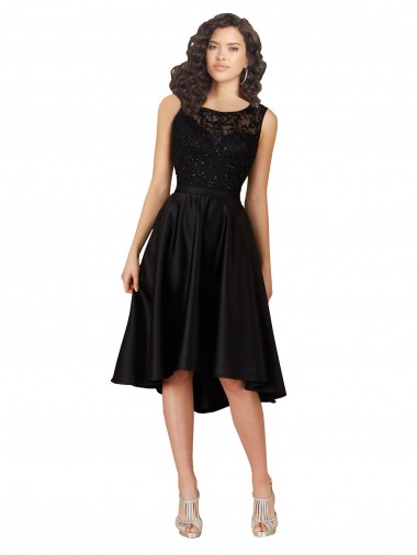 Sleeveless Illusion Neck Satin & Lace Black Midi Length High Low Bridesmaid Dress London