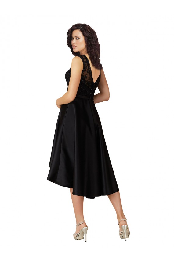 Sleeveless Illusion Neck Satin & Lace Black Midi Length High Low Bridesmaid Dress London