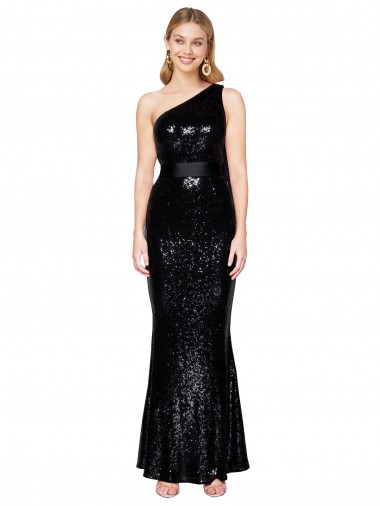 Sleeveless One Shoulder Sequin Black Long Formal Evening Gown / Prom Dress / Bridesmaid Dress London