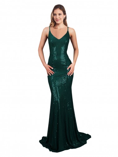 Sleeveless V-Neck Sequin Dark Green Mermaid Long Formal Evening Gown / Prom Dress / Bridesmaid Dress London