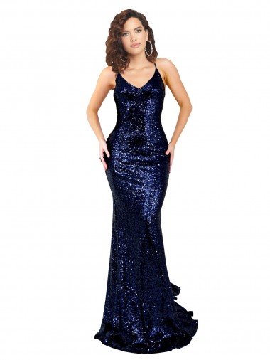 Sleeveless V-Neck Sequin Dark Navy Long Formal Evening Gown / Prom Dress / Bridesmaid Dress London