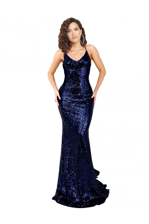 Sleeveless V-Neck Sequin Dark Navy Long Formal Evening Gown / Prom Dress / Bridesmaid Dress London