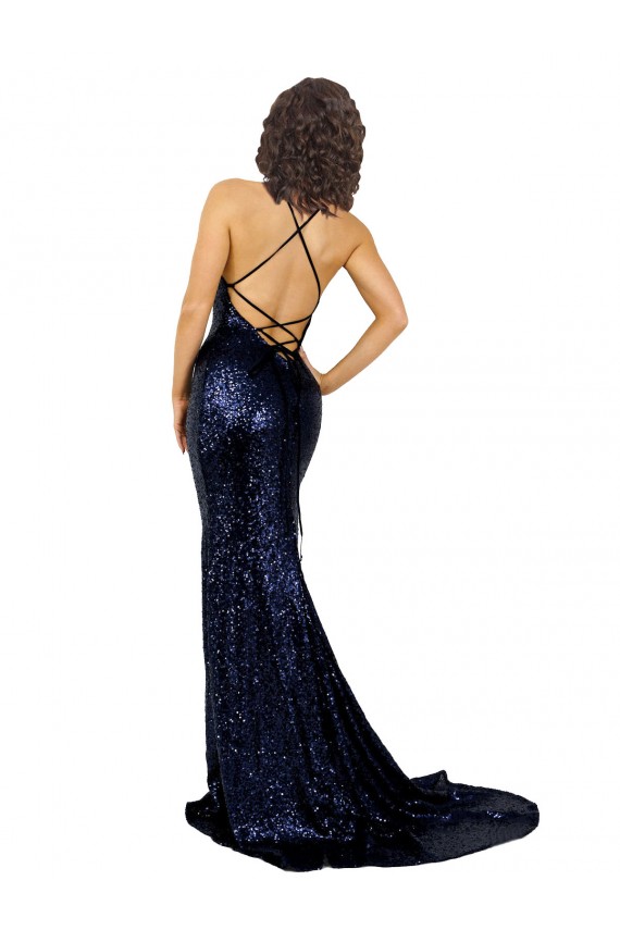 Sleeveless V-Neck Sequin Dark Navy Long Formal Evening Gown / Prom Dress / Bridesmaid Dress London