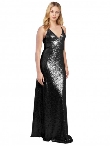 Sleeveless V-Neck Sequin Black Long Formal Evening Gown / Prom Dress / Bridesmaid Dress London