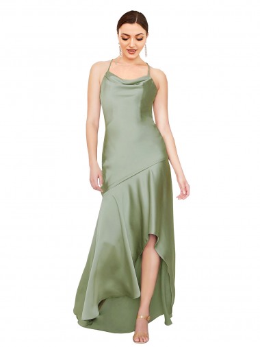 Sleeveless Cowl Neck Silk like Satin Smoke Green Long High Low Evening Gown / Prom Dress / Bridesmaid Dress London