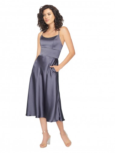 Sleeveless Scoop Neck Silk like Satin Dusk Midi Length Prom Dress / Bridesmaid Dress London