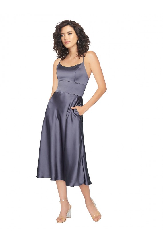 Sleeveless Scoop Neck Silk like Satin Dusk Midi Length Prom Dress / Bridesmaid Dress London