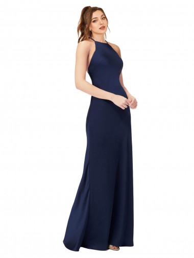 Sleeveless High Neck Silk like Satin Sapphire Sheath Long Formal Evening Gown / Prom Dress / Bridesmaid Dress London