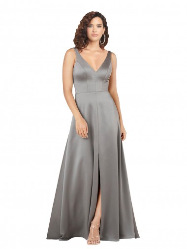 Sleeveless V-Neck Silk like Satin Pearl Grey Long Formal Evening Gown / Prom Dress / Bridesmaid Dress London