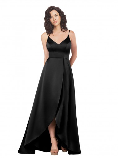 Sleeveless V-Neck Silk like Satin Black Long High Low Evening Gown / Prom Dress / Bridesmaid Dress London