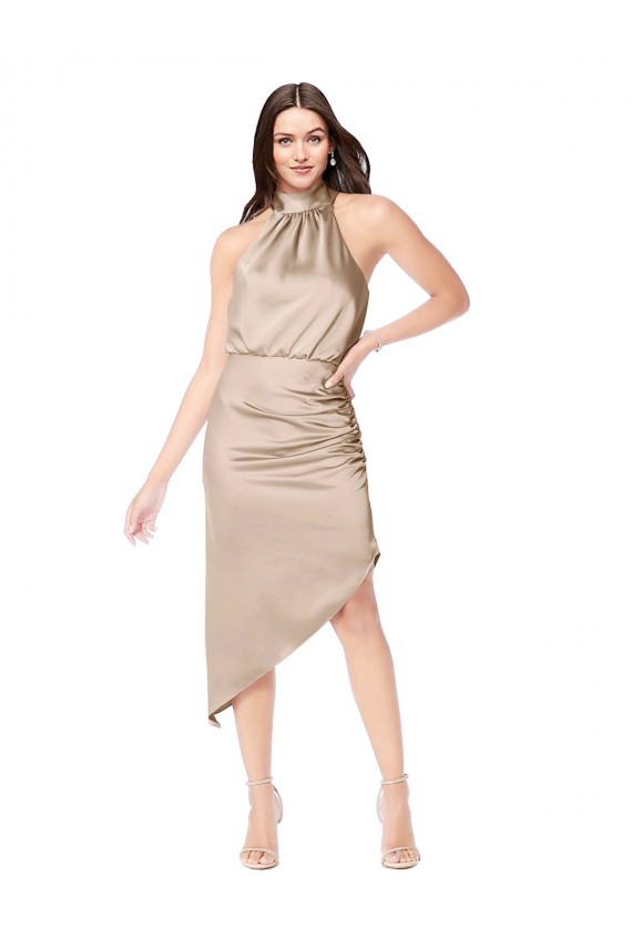 Sleeveless Halter Neck Silk like Satin Champagne Pink Midi Length High Low Prom Dress / Bridesmaid Dress London