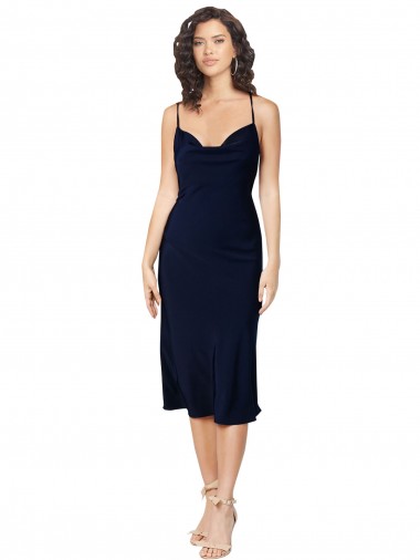 Sleeveless Cowl Neck Silk like Satin Dark Navy Midi Length Formal Evening Gown / Prom Dress / Bridesmaid Dress London
