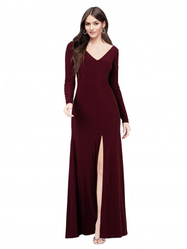 Long Sleeves V-Neck Spandex Burgundy Gold Long Prom Dress / Bridesmaid Dress London