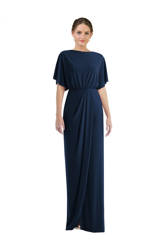 Short Sleeves Bateau Neck Spandex Dark Navy Long Semi Formal Evening Dress / Prom Dress / Bridesmaid Dress London
