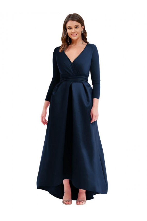 Long Sleeves V-Neck Spandex Dark Navy Long High Low Plus Size Evening Gown / Prom Dress / Bridesmaid Dress London