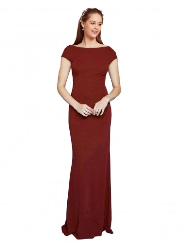 Cap Sleeves Round Neck Stretch Crepe Burgundy Long Formal Evening Gown / Prom Dress / Bridesmaid Dress London