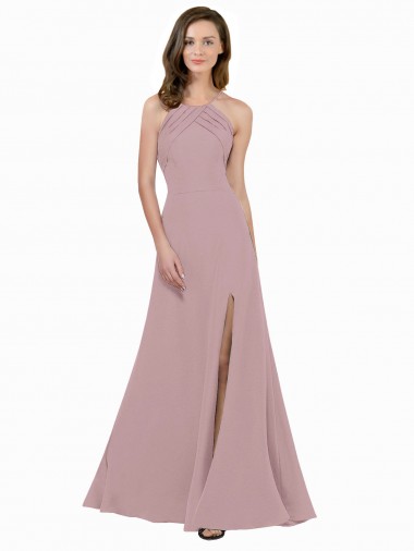 Sleeveless High Neck Stretch Crepe Dusty Pink A-Line Long Prom Dress / Bridesmaid Dress London
