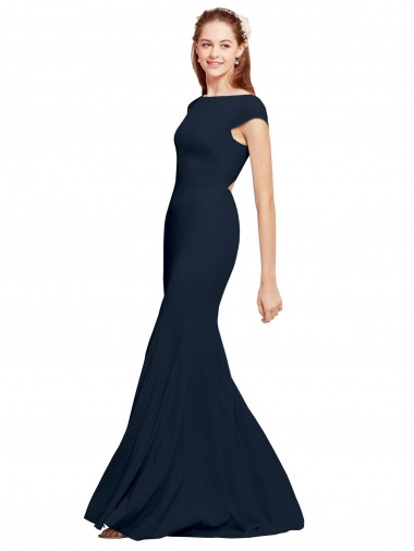 Sleeveless Boat Neck Stretch Crepe Dark Navy Long Formal Evening Gown / Prom Dress / Bridesmaid Dress London