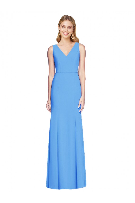 Sleeveless V-Neck Stretch Crepe Peacock Blue Long Semi Formal Evening Dress / Prom Dress / Bridesmaid Dress London