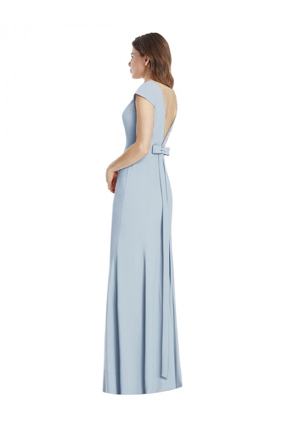 Cap Sleeves Bateau Neck Stretch Crepe Light Sky Blue Long Formal Dress / Bridesmaid Dress London