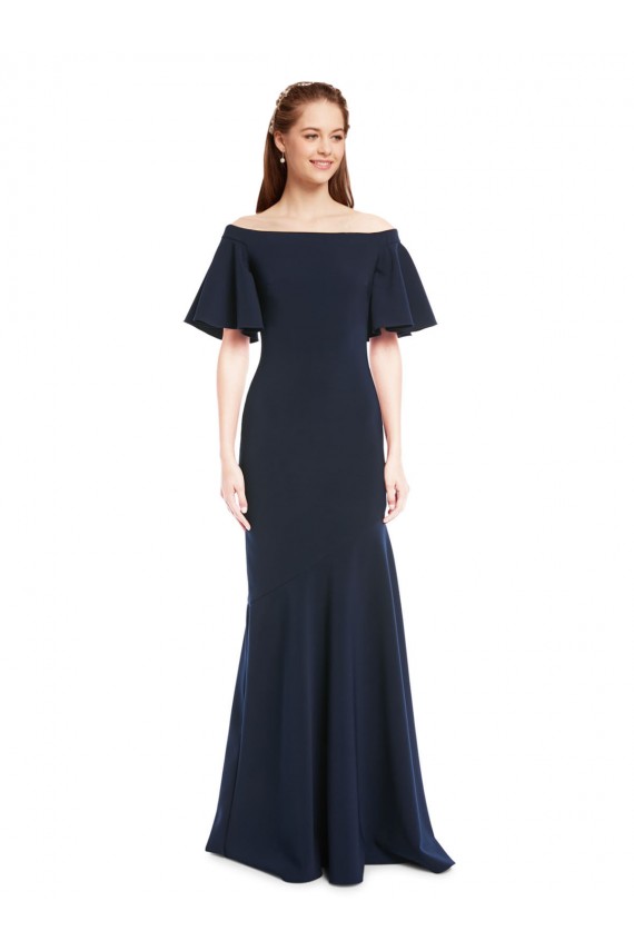 Short Sleeves Off the Shoulder Stretch Crepe Dark Navy Long Bridesmaid Dress / Formal Dress London
