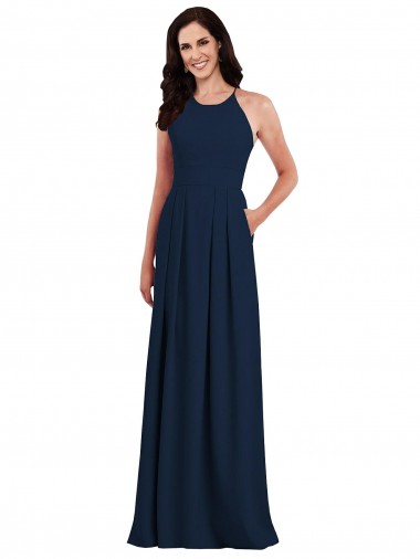 Sleeveless Halter Neck Stretch Crepe Dark Navy Long Semi Formal Evening Dress / Bridesmaid Dress London