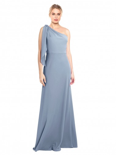 Flutter Sleeves One Shoulder Stretch Crepe Smoke Blue Long Formal Dress / Bridesmaid Dress London