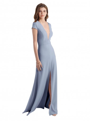 Cap Sleeves High Neck Stretch Crepe Smoke Blue Long Prom Dress / Bridesmaid Dress London