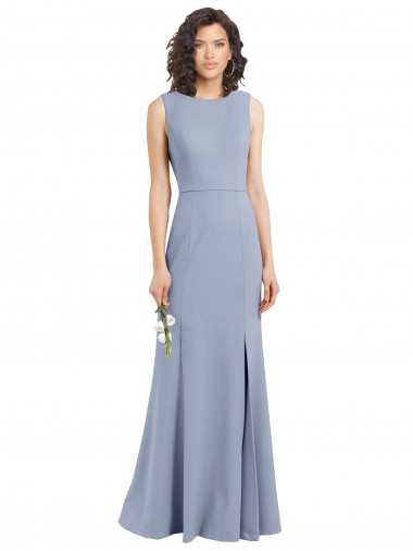 Sleeveless High Neck Stretch Crepe Smoke Blue Long Bridesmaid Dress London