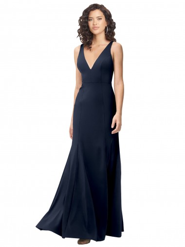 Sleeveless High Neck Stretch Crepe Dark Navy A-Line Long Formal Dress / Bridesmaid Dress London