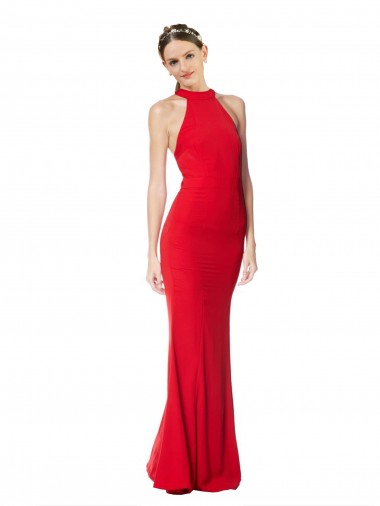 Sleeveless High Neck Stretch Crepe Red Long Prom Dress / Bridesmaid Dress London