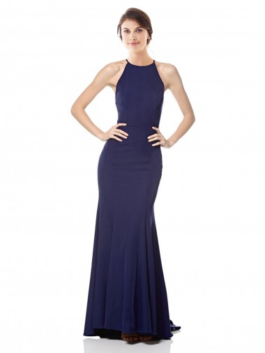 Sleeveless High Neck Stretch Crepe Navy Blue Long Bridesmaid Dress / Formal Dress London