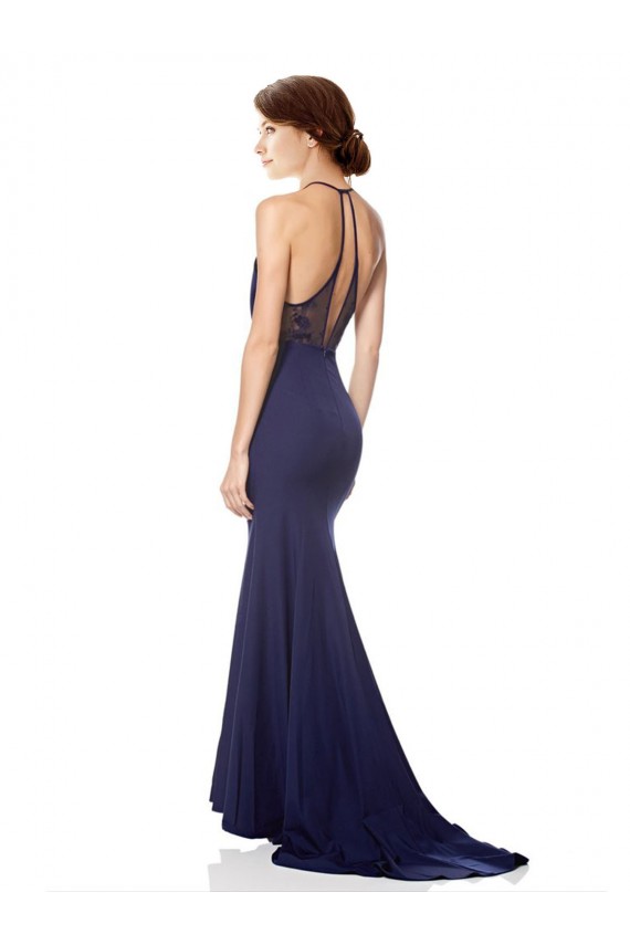 Sleeveless High Neck Stretch Crepe Navy Blue Long Bridesmaid Dress / Formal Dress London