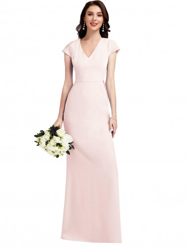 Cap Sleeves V-Neck Stretch Crepe Pink Long Formal Evening Gown / Prom Dress / Bridesmaid Dress London