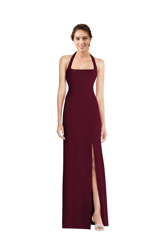 Sleeveless Halter Neck Stretch Crepe Burgundy Gold Long Semi Formal Evening Dress / Prom Dress / Bridesmaid Dress London