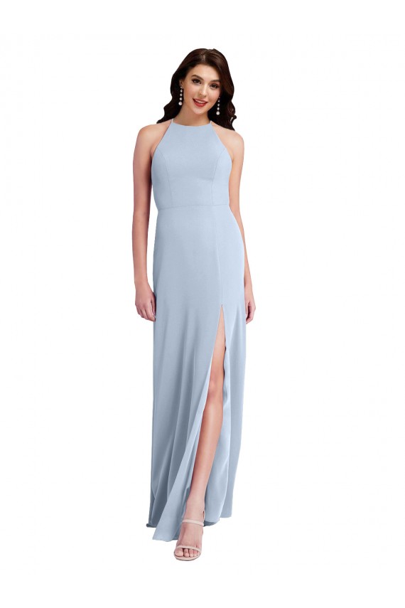 Sleeveless High Neck Stretch Crepe Light Sky Blue Sheath Long Formal Evening Gown / Prom Dress / Bridesmaid Dress London